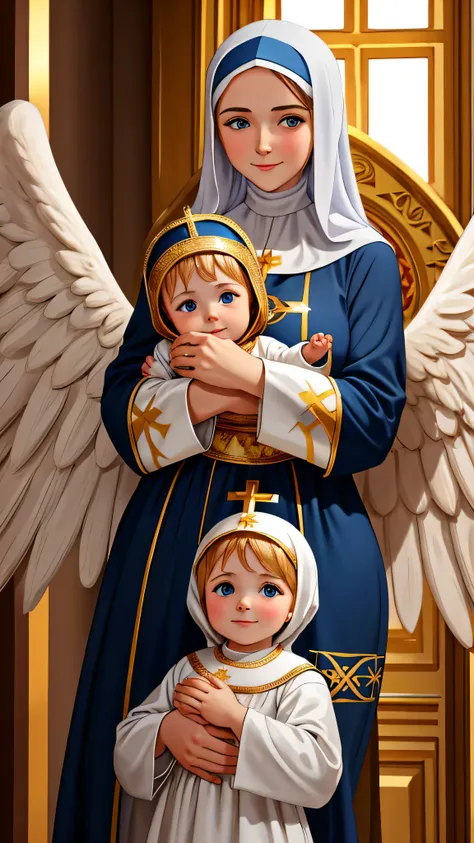 Orthodoxy, Christianity, image of angels, Russia, a lovely mother in Christian dress with a covered head holding a cute baby angel in her hands, on their faces a smile, in the background Russian Orthodox Church, everywhere ash and divine light