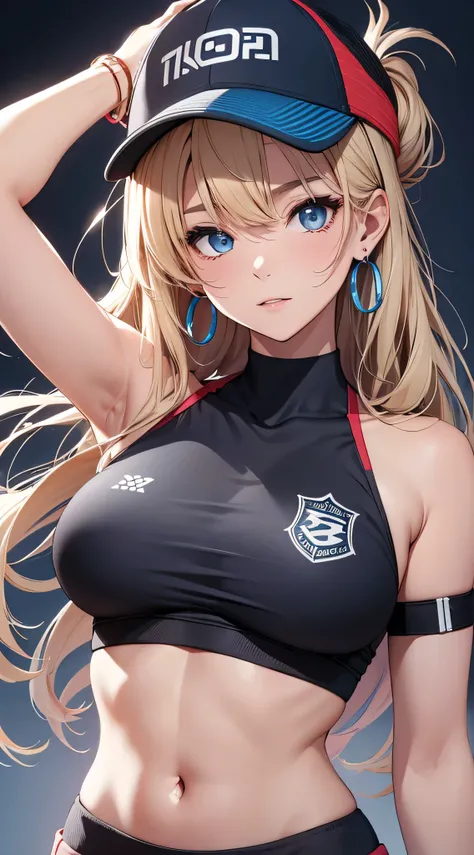 最high quality、Best image quality、masterpiece、With a girl((18-year-old、Sportswear、Black sports bra、Blue shorts、Best Bust、Bust 85、Blonde、Long Hair、blue eyes、Open your chest wide、valley、happiness、Black wristband on wrist、Slender、Lean towards the audience、Earr...