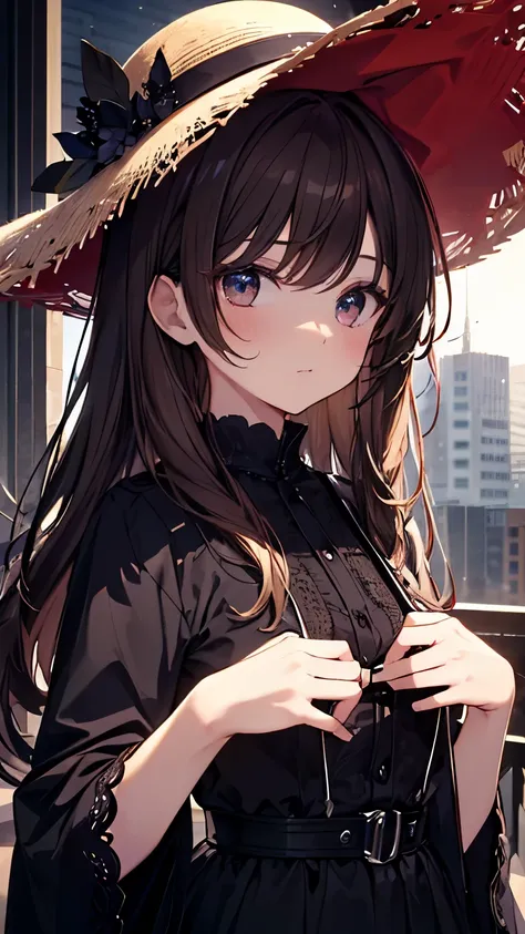 ((best quality)), ((masterpiece)), (detailed), perfect face, Wizard, (wide-brimmed hat), black dress, (long wand), ((brown hair, long hair)), innocent expression, 