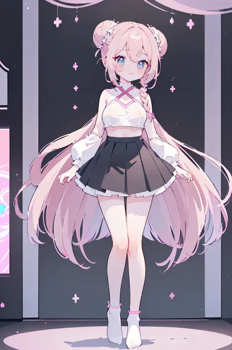 (idol, yuri, bishoujo, masterpiece,best quality,official art,extremely detailed CG unity 8k ,Light pink brown hair,side braid, double_bun, Symmetrical black succubus horn hairpin,nose blush , shy, embarrassed , aqua eyes, beautiful detailed eyes, grey eyes...