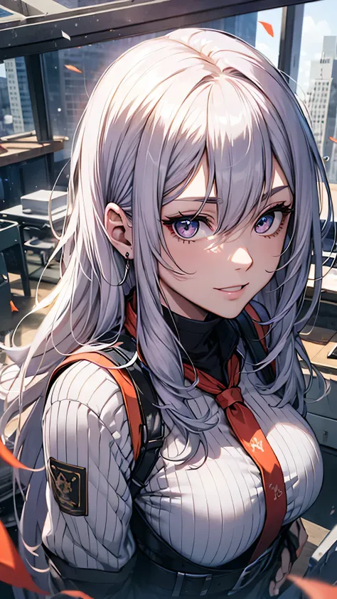 最high quality、Best image quality、masterpiece、girl((18-year-old、 By becoming、Best Bust、Medium Bust,Wide open breast tea、Red glowing eyes,Silver Hair、Disheveled Hair、Long Hair、thin,The highest valley、Open chest、White wristband、smile、hair ornamentany accessor...