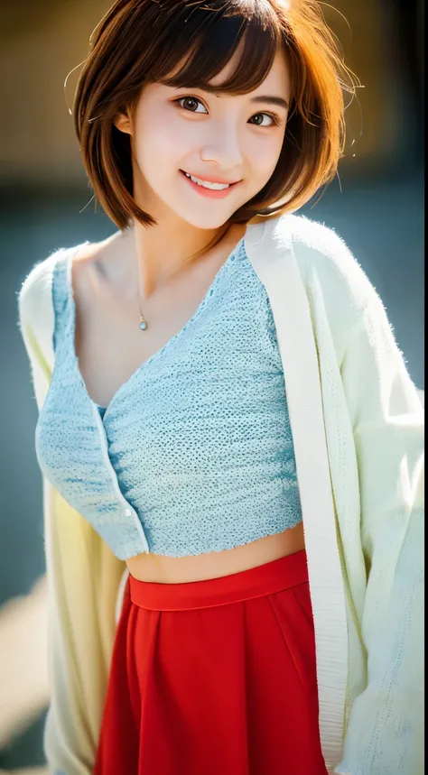 smile、night、RAW Photos、(((ultimate beauty portrait)))、((Glowing Skin))、1 girl、Beautiful 15 year old girl from Prague、Bright expression、((brown hair))、(Cleavage)、(flare skirt:1.5)、((Big eyes that shine like jewels))、Open cardigan、Open your clothes、pantyhose...