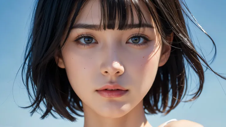 , blown by the long wind [Blue-black:.3] hair,looking at the viewer, (masterpiece:1.3), (8K, realistic, Raw photo, highest quality: 1.4), Japanese, (1 girl), beautiful face, (realistic face), (black hair, short hair:1.3), beautiful hairstyle, realistic eye...