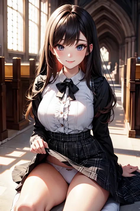 very cute and beautiful girl,(highly detailed beautiful face and eyes), (smile),blush,black hair,cowboy shot,looking at viewer,kneeling, (elegant brown plaid lolita dress with detailed frills),detailed lace,(skirt lift,white panties), altar,church,indoors,...