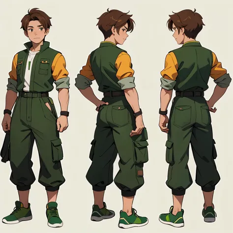 a fun and vibrant illustration of a cartoon boy with brown hair and green clothes. he is shown in multiple views, including fron...