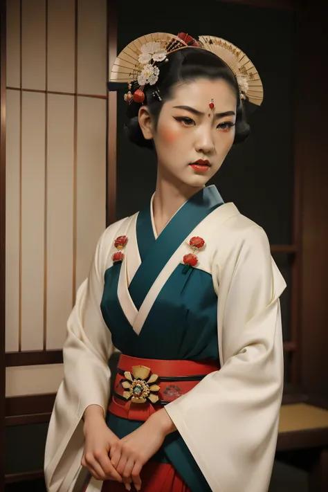 Kioto, 1939. A young ((((19-year-old)) Sayuri)), strikingly beautiful, delicate facial features, porcelain skin, expressive eyes, holding an emerald gemstone, ((angry expression)), ((((geisha clothings from the 1930s)))), ((geisha hairstyle of the 1930s)),...