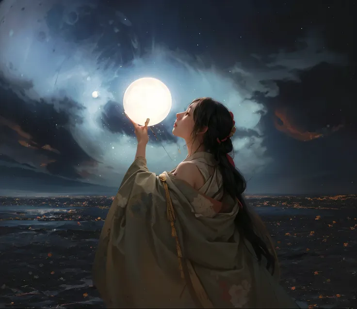 painting of a woman wearing a kimono, a woman holding a sphere, a beautiful artistic illustration, looking at the full moon, a f...