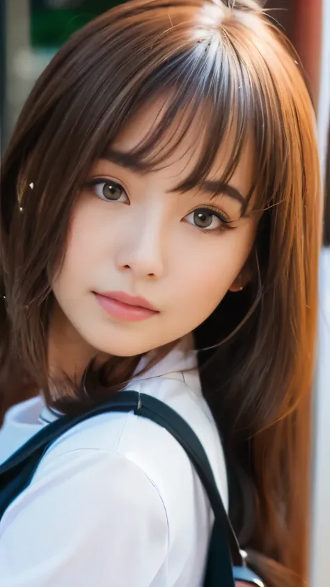 Best quality, 8k,  ,Masterpiece :1.3)), facing viewer,((full body1.2)) ,pretty woman, wide shot ,1girl, , selfie   , , Bus Stop,, brown hair  , bangs,ultra-detailed face, highly detailed lips, detailed eyes, double eyelid