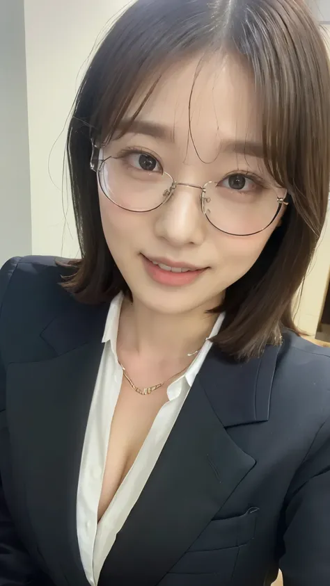1 female,Beauty,Small glasses,Beautiful face,smile,Crouching and watching the viewer,Office Lady,In a suit,A dignified appearance,Perfect Style,Take off your jacket,Cleavage,focus on the chest,,View from above,Front view,Ultra-realistic,Ultra high definiti...