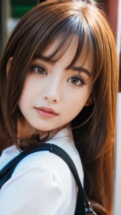 Best quality, 8k,  ,Masterpiece :1.3)), facing viewer,((full body1.2)) ,pretty woman, wide shot ,1girl, , selfie   , , Bus Stop,, brown hair  , bangs,ultra-detailed face, highly detailed lips, detailed eyes, double eyelid