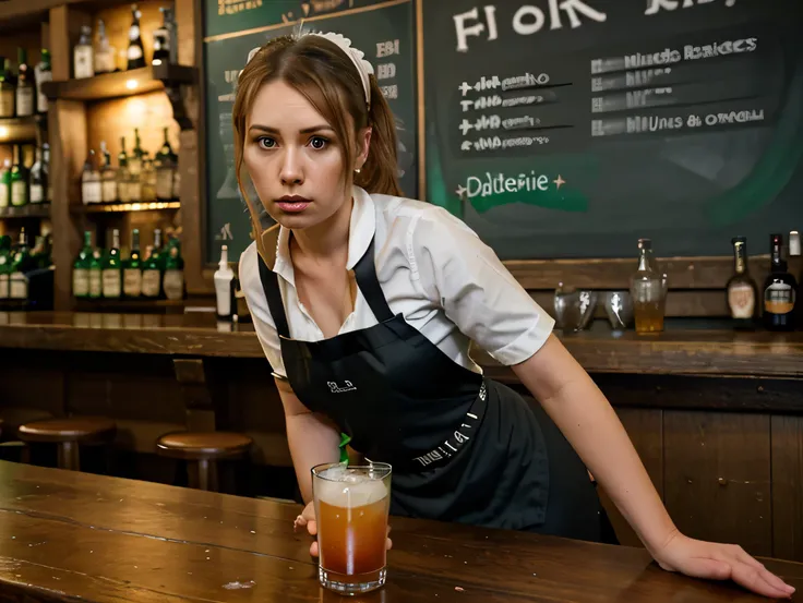 barmaid wearing apron serving drinks in irish pub