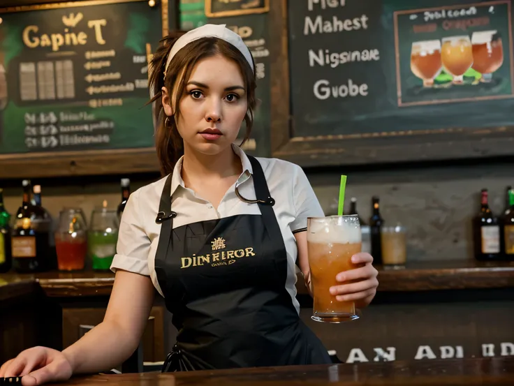 barmaid wearing apron serving drinks in irish pub