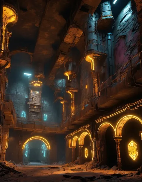 （Side profile of the underground castle in the wasteland of doom），The underground castle is equipped with modern luxury hotels and other facilities.，But the underground castle looks dilapidated.，Rust，The form of splicing，Add splash graffiti to create the e...