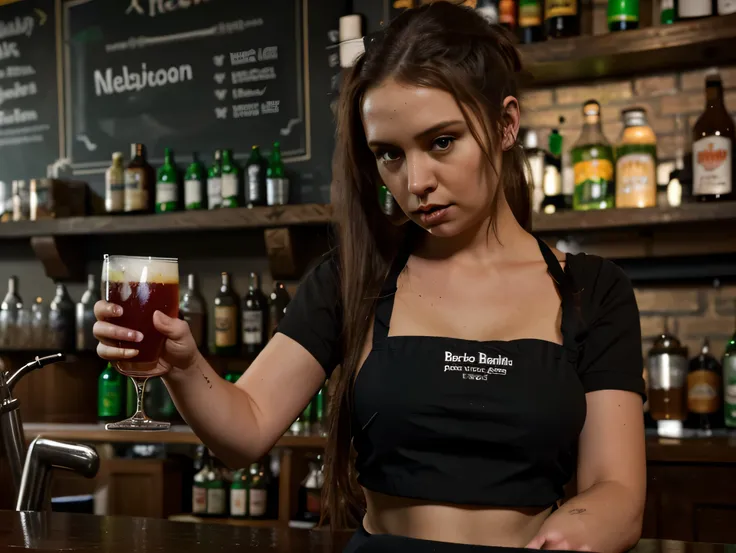 barmaid wearing black apron serving drinks in irish pub