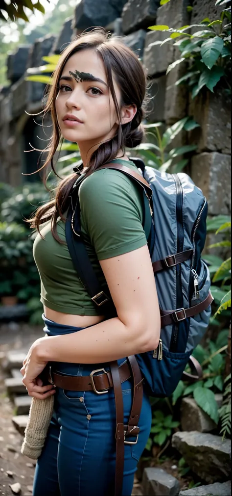 arafed woman com uma mochila standing in front of a rock wall, carrying survival gear, wearing equipamento de aventura, com uma mochila, roupas de caminhada, equipamento de aventura, carregando um rifle, foto de perfil, retrato no meio da cena, vestindo eq...