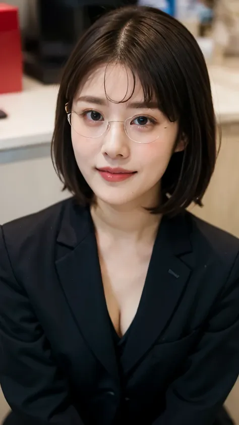 1 female,Beauty,Small glasses,Beautiful face,smile,Crouching and watching the viewer,Office Lady,In a suit,A dignified appearance,Perfect Style,Take off your jacket,Cleavage,focus on the chest,,View from above,Front view,Ultra-realistic,Ultra high definiti...