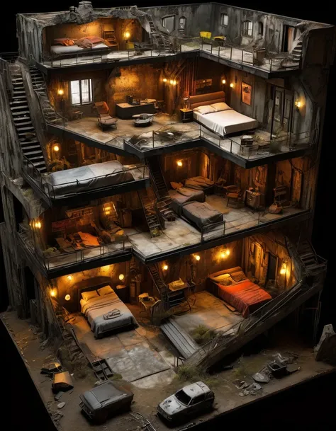 The underground luxury hotel castle section of the doomsday wasteland is shabby, rusty and spliced in appearance, and elements such as splash graffiti and neon lights will often appear in the doomsday wasteland. many doomsday residents,Apartment,Attic, Cel...