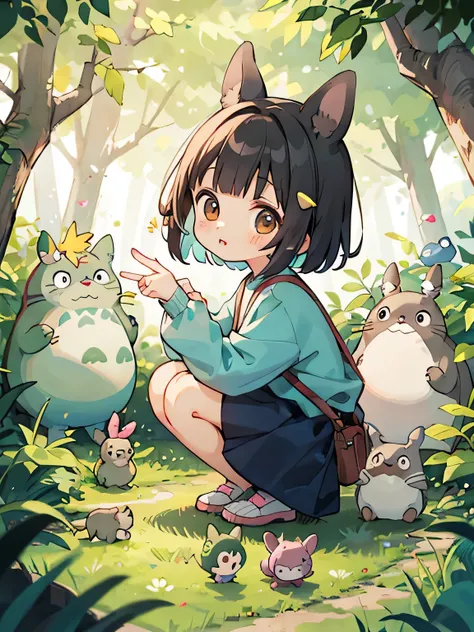 My Neighbor Totoro Style, Kawaii Design, most beautiful girl ever、Chibi, Colorful bob hair、((Lots of friends))、Totoro Forest