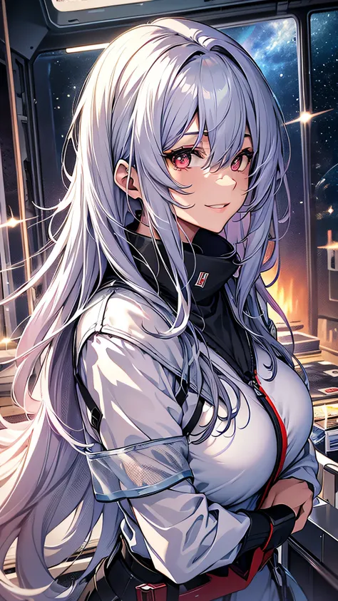 最high quality、Best image quality、masterpiece、girl((18-year-old、 By becoming、Best Bust、Medium Bust,Wide open breast tea、Red glowing eyes,Silver Hair、Disheveled Hair、Long Hair、thin,The highest valley、Open chest、White wristband、smile、hair ornamentany accessor...