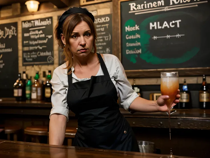 50 year old barmaid wearing black apron serving drinks in irish pub