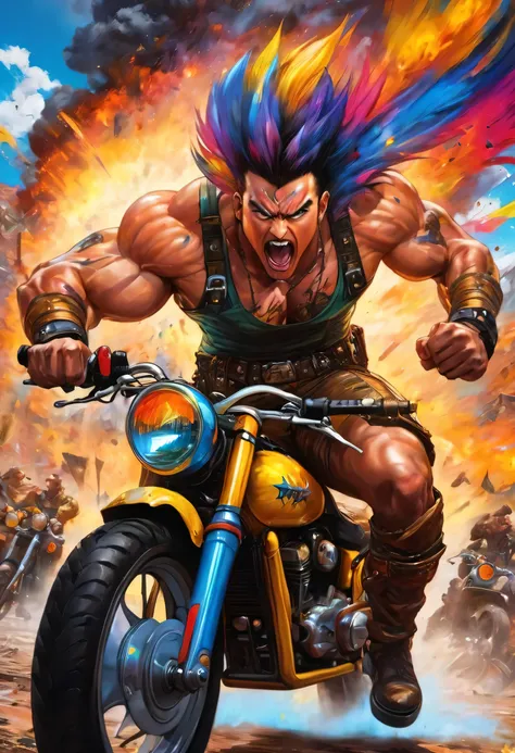 Draw a crazy Mohawk man in the wilderness,insane,Mohawk,Shaving,I have a tattoo,Laughing with your mouth open,Sticking out tongue,Im delighted,fun,Super fun,fin de siècle clothing:The world of Fist of the North Star,Villain,evil,stud,thorns,funky,arms,very...