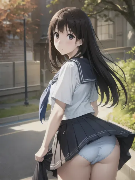 , serafuku, kamiyama high (hyouka), Black Skirt, Short sleeve, Black sailor collar, ((highest quality, High resolution, Hmph, Perfect Pixel, 8k, Hmph, Hmph))), 1 girl, single, alone, Beautiful woman、I could see the whole body、((Brown eyes, Beautiful eyelas...