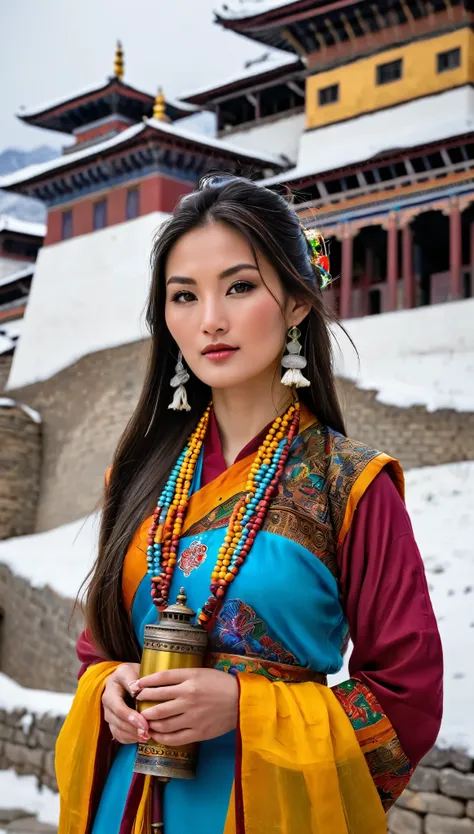 A mystical beauty with long, dark hair adorned with prayer beads, dark brown eyes that hold a hint of serenity, and Asian features. Wearing a vibrant silk kira (national dress) with intricate patterns that flows to her ankles, she holds a prayer wheel in h...