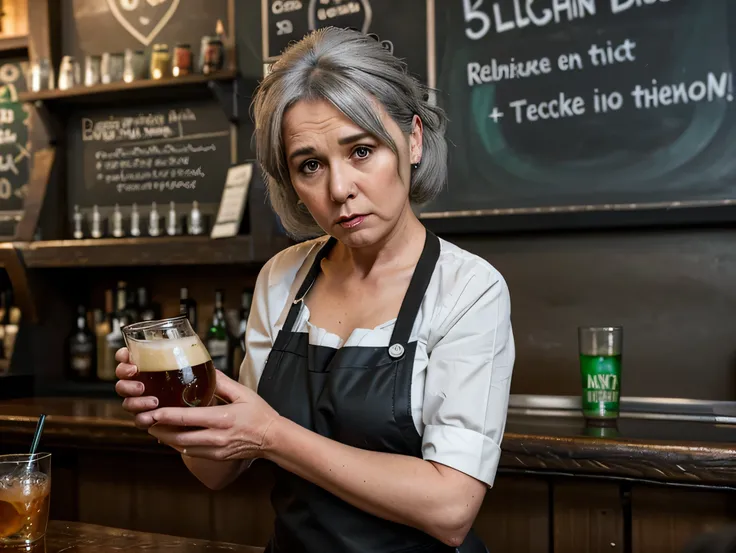 60 year old barmaid wearing black apron serving drinks in irish pub. grey hair