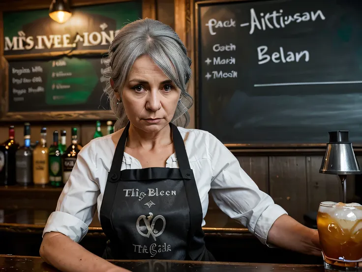 60 year old barmaid wearing black apron serving drinks in irish pub. grey hair