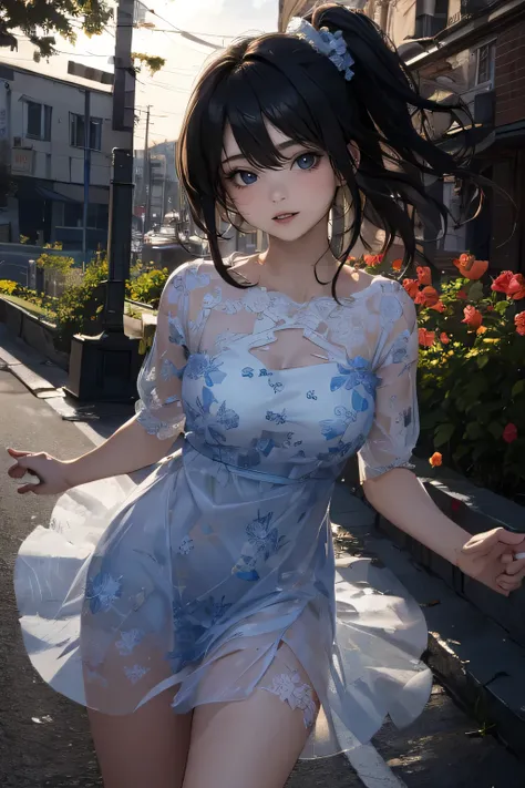 drooping eyes, eyes realistic sizing, (transparent casual all over dress with floral pattern), open legs, outside, strong sunlight,