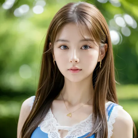 Korean girl, White skin, Straight brown long hair girl, Gold lace camisole vest， beautiful clear eyes， Blue pupils， beautiful necklace and earringedium chest tight and Medium breasts， Delicate slender face， ， Clavicle，Lovely lips