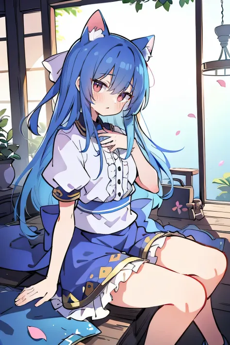 (masterpiece:1.2),ultra-detailed,realistic,expressive eyes,fair-skinned,perfectly shaped face,1girl,
Japanese cartoons,Gorgeous blue hair, flowing blue hair,floating clothes,cat ears,petals falling,beautiful Lola,Hina Angel,
hands on waist,gracefully sitti...