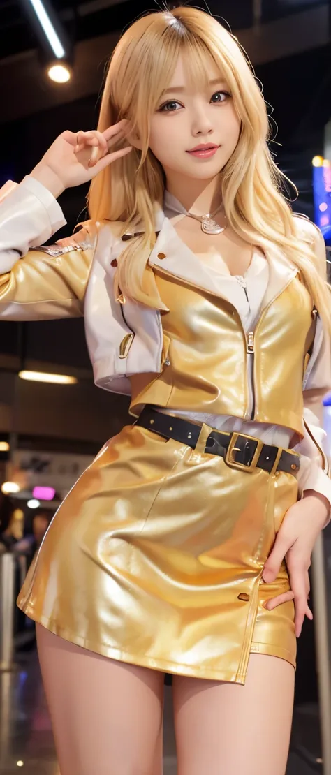 gorgeous idol girl、whole body、good style、、、、gold tight mini dress、fantastic city、、blonde roll hair、cool gold leather jacket、grea...