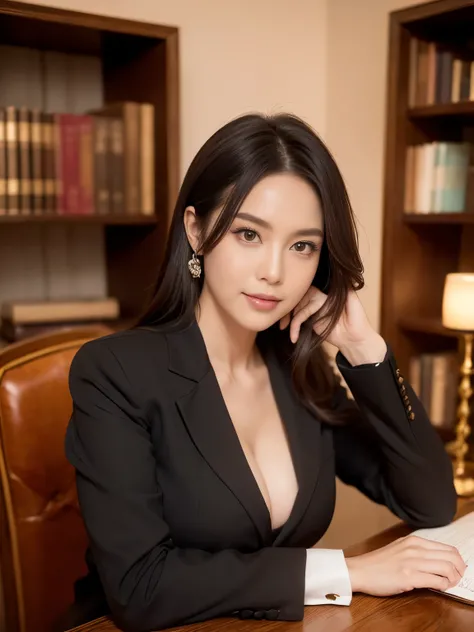 ((highest quality、Tabletop、8k、Best image quality))、(一人の成熟したwoman、She holds the most luxurious CEO position）、Wooden furniture in the office、It&#39;s hanging on a large wooden desk.、Sitting in a chair、Secretary with elegant posture、(1 photo:1.5)、(woman&#39;P...