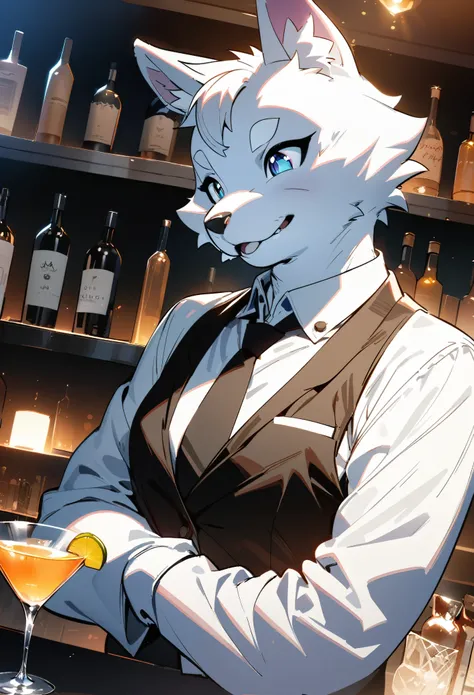 top quality, best quality, High-quality illustrations, masterpiece, super high resolution, detailed background, bartender, bar, cocktail, absurdres, perfect anatomy, expression, good lighting, cinematic shadow(kemono, furry anthro)dynamic angle,