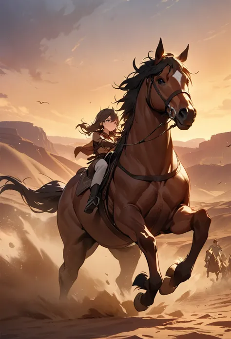 top quality, best quality, High-quality illustrations, masterpiece, super high resolution, detailed background, The desolate and rugged desert landscape at sunset, with the sky turning shades of red and the dry earth stretching into the distance, Cowboys r...