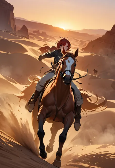 top quality, best quality, High-quality illustrations, masterpiece, super high resolution, detailed background, The desolate and rugged desert landscape at sunset, with the sky turning shades of red and the dry earth stretching into the distance, Cowboys r...