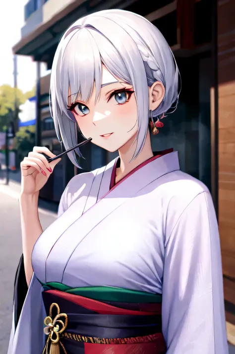 ((highest quality)), ((masterpiece)), (detailed), Perfect Face,for anime,A beautiful white-haired woman wearing a kimono stands on the street