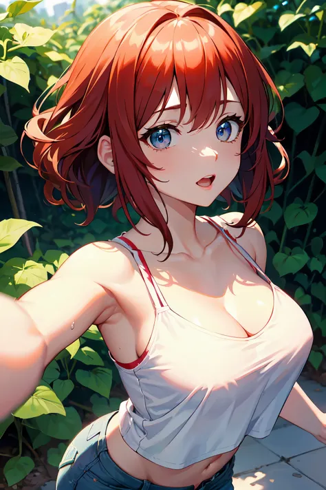 Absurd, Ultra-detailed,Bright colors,(8k:1.3),Masseter muscle area,Very beautifully detailed face and eyes, Age 25, Masseter muscle area、camisole、Shorts、Anthropomorphism of tomatoes,Medium chest、Red skin、Summer Morning、Ghibli,Tomato plantation