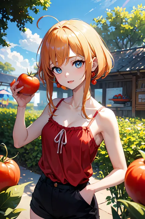 Absurd, Ultra-detailed,Bright colors,(8k:1.3),Masseter muscle area,Very beautifully detailed face and eyes, Age 25, Masseter muscle area、camisole、Shorts、Anthropomorphism of tomatoes,Medium chest、Red skin、Summer Morning、Ghibli,Tomato plantation