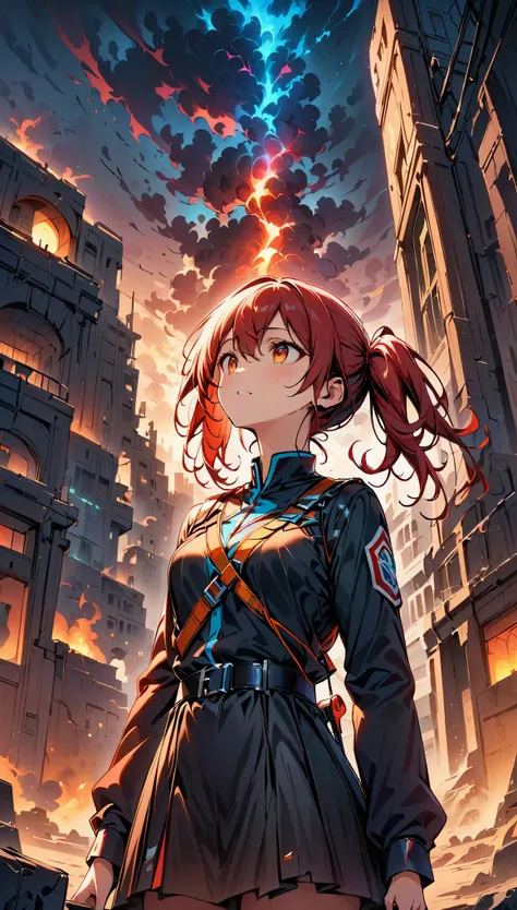 (highest quality:1.2, Very detailed, up to date, Vibrant, digital coloring, High Contrast, masterpiece:1.2, Best Quality, Best aesthetics), 1 female, Red hair, side ponytail hair、Looking up into the void, Painful expression, military uniform, Torn clothes,...