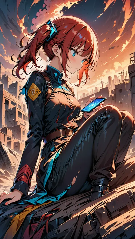 (highest quality:1.2, Very detailed, up to date, Vibrant, digital coloring, High Contrast, masterpiece:1.2, Best Quality, Best aesthetics), 1 female, Red hair, side ponytail hair、Sitting on a pile of junk, Look down, Painful expression, military uniform, T...