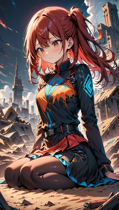 (highest quality:1.2, Very detailed, up to date, Vibrant, digital coloring, High Contrast, masterpiece:1.2, Best Quality, Best aesthetics), 1 female, Red hair, side ponytail hair、Sitting on a pile of junk, Look down, Painful expression, military uniform, T...