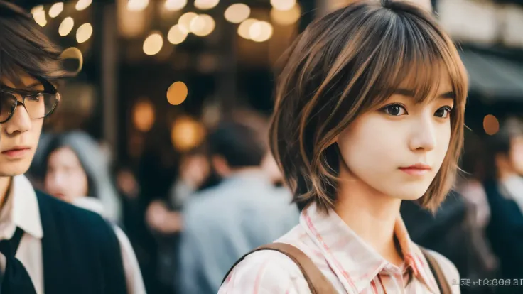 super high quality, Fashion Model, Short Hair, Slender, (8k、RAW Photos、highest quality、masterpiece:1.2), Japanese Idol, Serious expression, Shaggy, brown hair, Stylish café, Fashion magazine shooting, The cafe is crowded with people enjoying themselves., (...