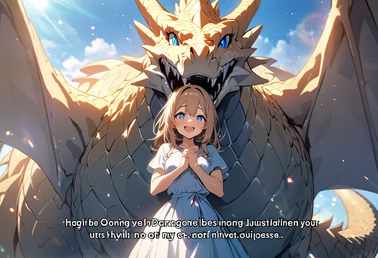 highres, top quality, best quality, paid reward available, High-quality illustrations, unparalleled masterpiece, under refreshing blue sky, absurdres, height difference, large Dragon, smile, hugs girl((movie of a Dragon and human  girl))girl hugs dragon, d...