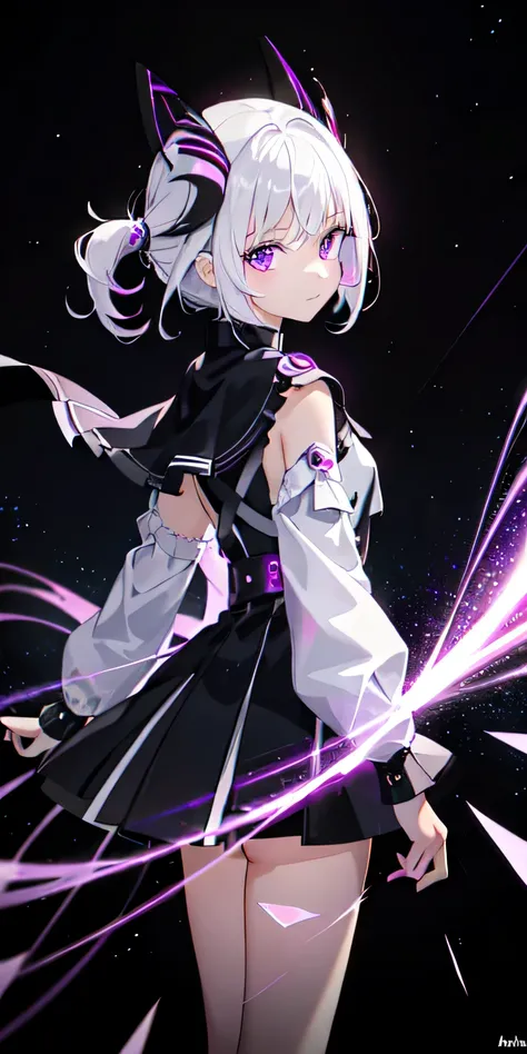 1 young girl, 12 years old,white hair, colorful hair, purple eyes, Mask on the head, On the side of the road, light particles, Wallpaper,sexy,((🕷️⚡))