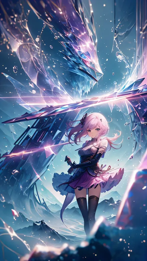 Extreme Detail, perfection, aerial photograph, Like a work of art, Anime girl with ice and snow sword, Her pink hair and long purple skirt complement each other well., Ayaka Genshin gazing into the distance, Leading to the world of Genshin.