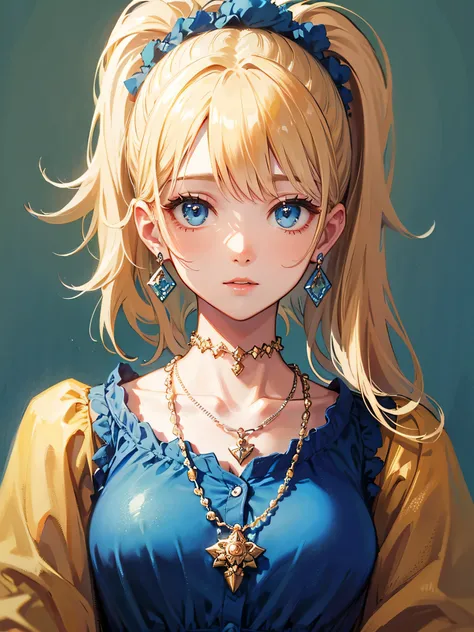 ((highest quality)), ((masterpiece)), (detailed), Perfect Face、At the Palace、ponytail、look back、blonde、Beautiful long, narrow eyes、Earrings、necklace、Blue clothes、Gazing from above