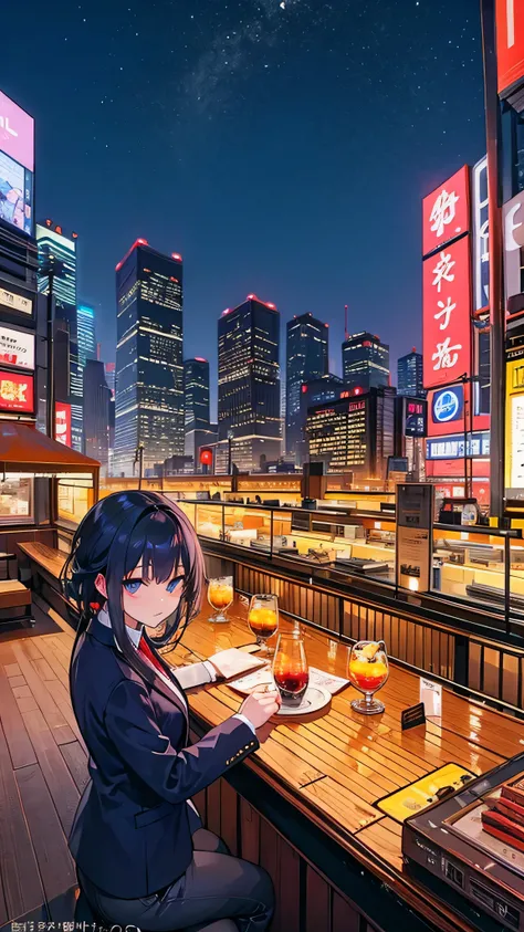 Arabic style photo of a bartender at a bar, Future on a rooftop at night in Tokyo, On a rooftop at night in Tokyo, Set on the rooftops of Tokyo, Tokyo Cyberpunk Night on the Roof, Cocktail Bar, Tokyo in the background, like that, Heaven on Earth, Nightlife...