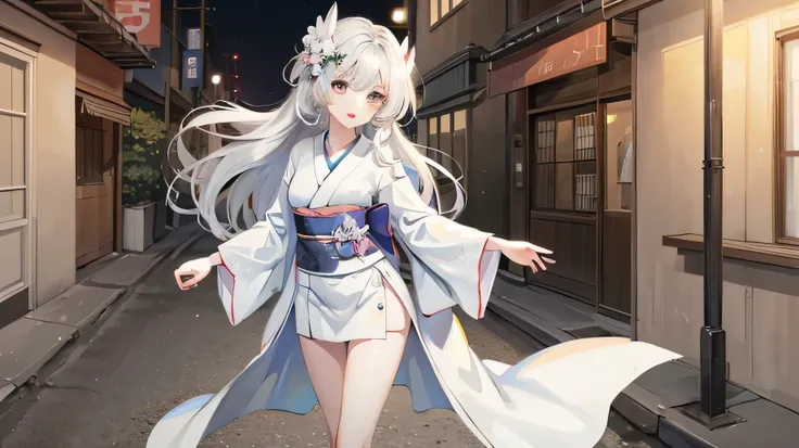 ((highest quality)), ((masterpiece)), (detailed), Perfect Face,for anime,A beautiful white-haired woman wearing a kimono stands on the street